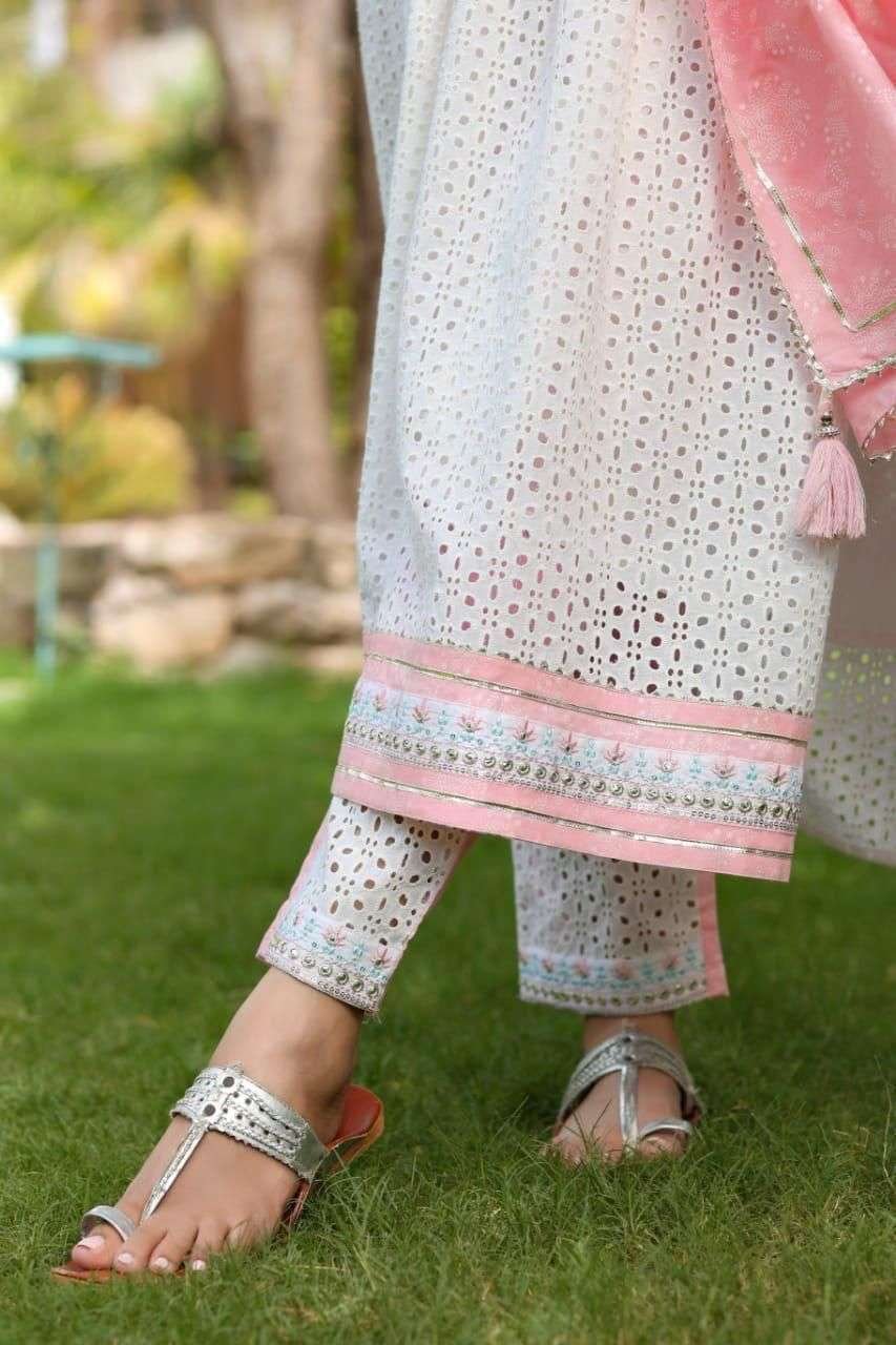 Women's Cotton Embroidered Nayra Cut Kurti With Pant and Dupatta Set
